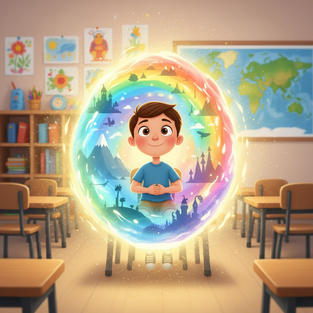 Simón, con sus cinco años, soñaba despierto en su aula. Imaginaba un portal mágico que lo transportaría a tierras lejanas. De repente, una luz brillante lo envolvió, y sintió un cosquilleo en su estómago, ¡estaba a punto de comenzar su aventura!