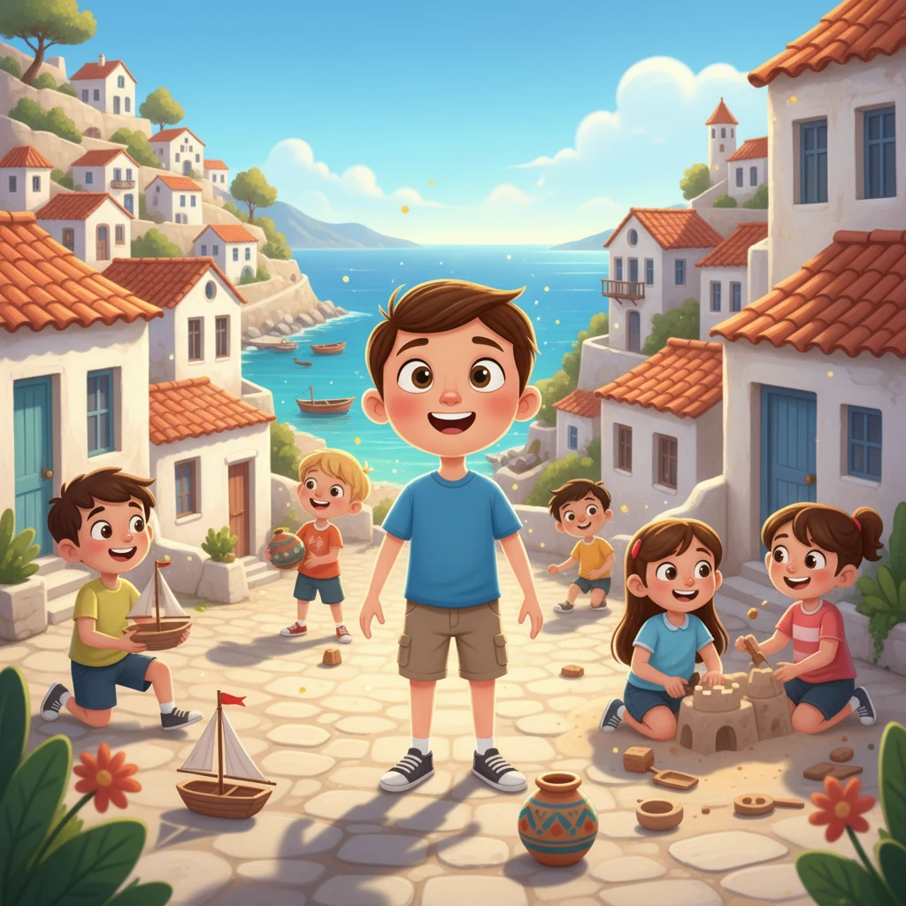 Al abrir los ojos, Simón se encontró en un soleado pueblo griego. Las casas blancas con tejados rojos se extendían ante él.  Vio a niños jugando con juguetes de madera y cerámica, y las risas llenaban el aire.