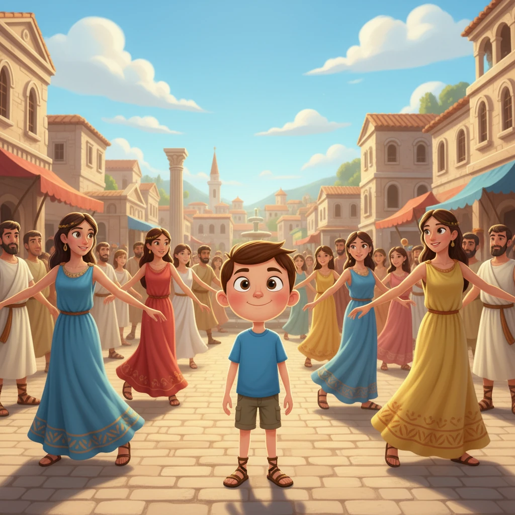 Simón observó a los habitantes.  Los hombres vestían túnicas y sandalias, mientras que las mujeres llevaban peplos, vestidos largos y coloridos.  Todos se movían con elegancia y gracia, como si bailasen en cada paso.