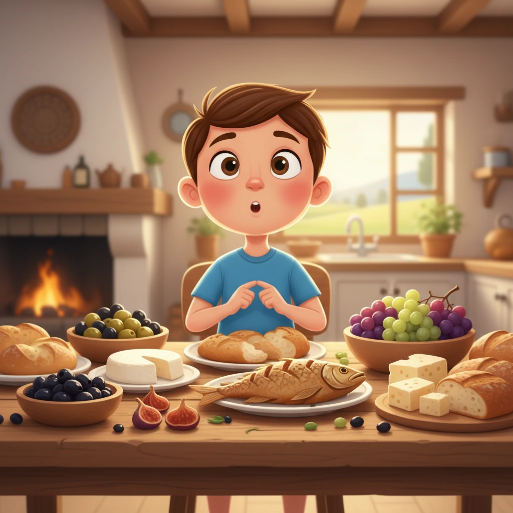 La comida era un festín para los sentidos.  Simón descubrió que comían aceitunas, higos, pan y queso. También probó el pescado fresco y las jugosas uvas. ¡Todo era delicioso!