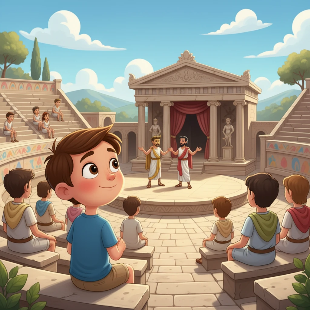 Simón aprendió mucho sobre las costumbres griegas.  Vio cómo celebraban festivales y escuchó historias de dioses y héroes. También visitó un impresionante teatro donde se representaban obras.