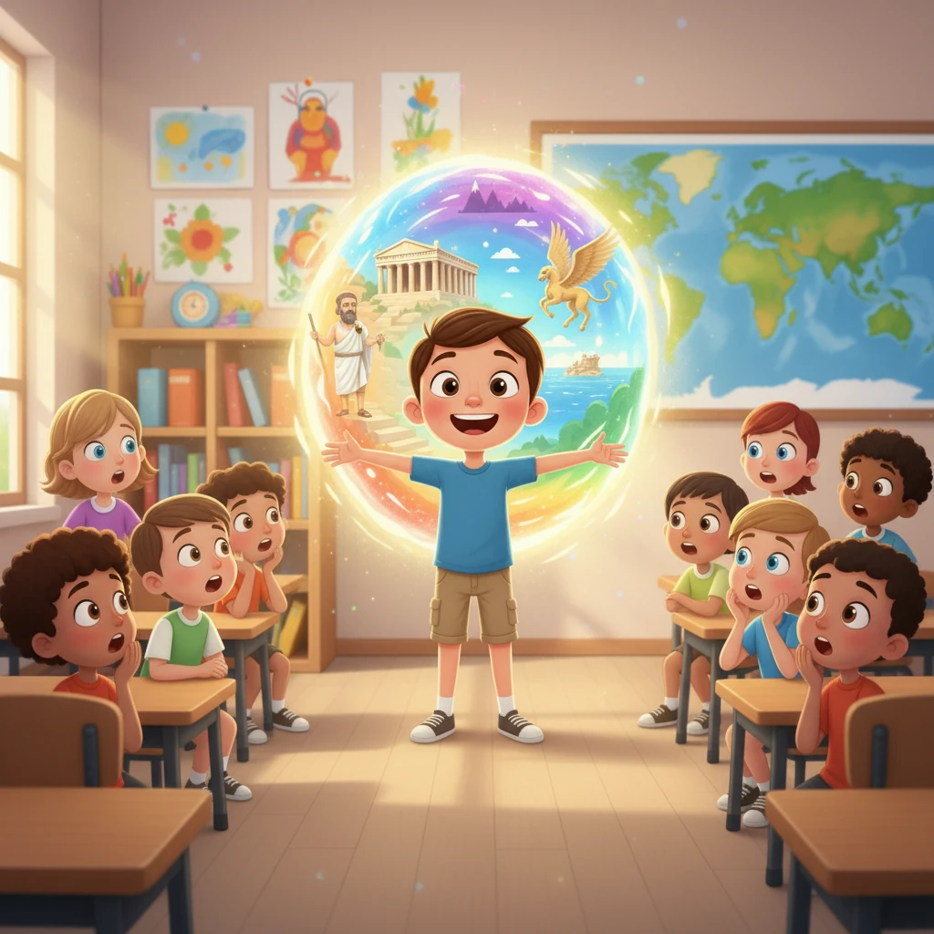 De vuelta en su aula, Simón compartió sus increíbles experiencias.  Sus compañeros escuchaban asombrados, mientras él, con una gran sonrisa, recordaba su mágico viaje a la Antigua Grecia, sintiéndose un verdadero explorador.