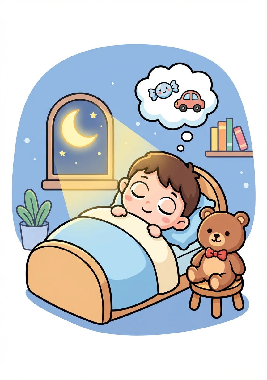 小奇奇睡着了,他的小床边放着他最喜欢的玩具小熊。月光洒在他的脸上,他做了一个甜甜的梦。