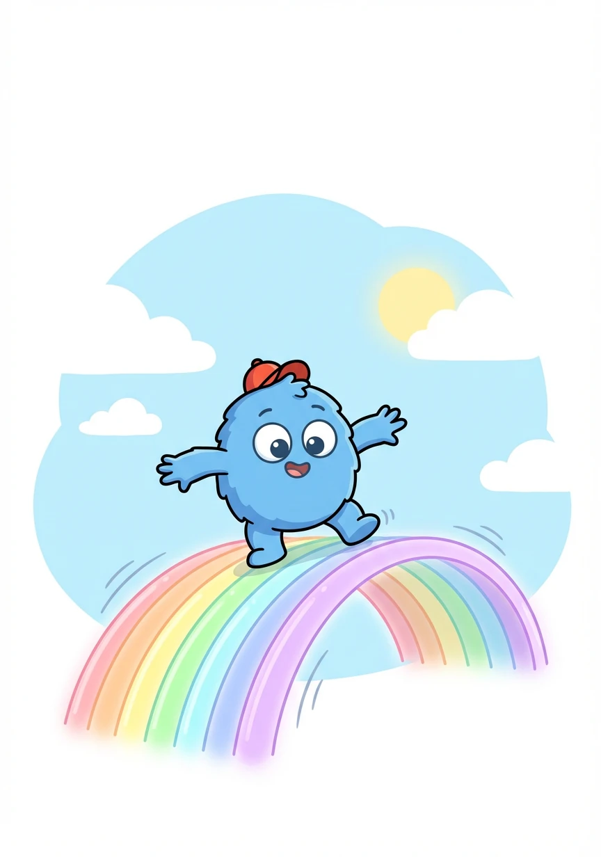 小奇奇好奇地走上彩虹桥。彩虹桥摇摇晃晃的,但他一点也不害怕,反而觉得很兴奋。