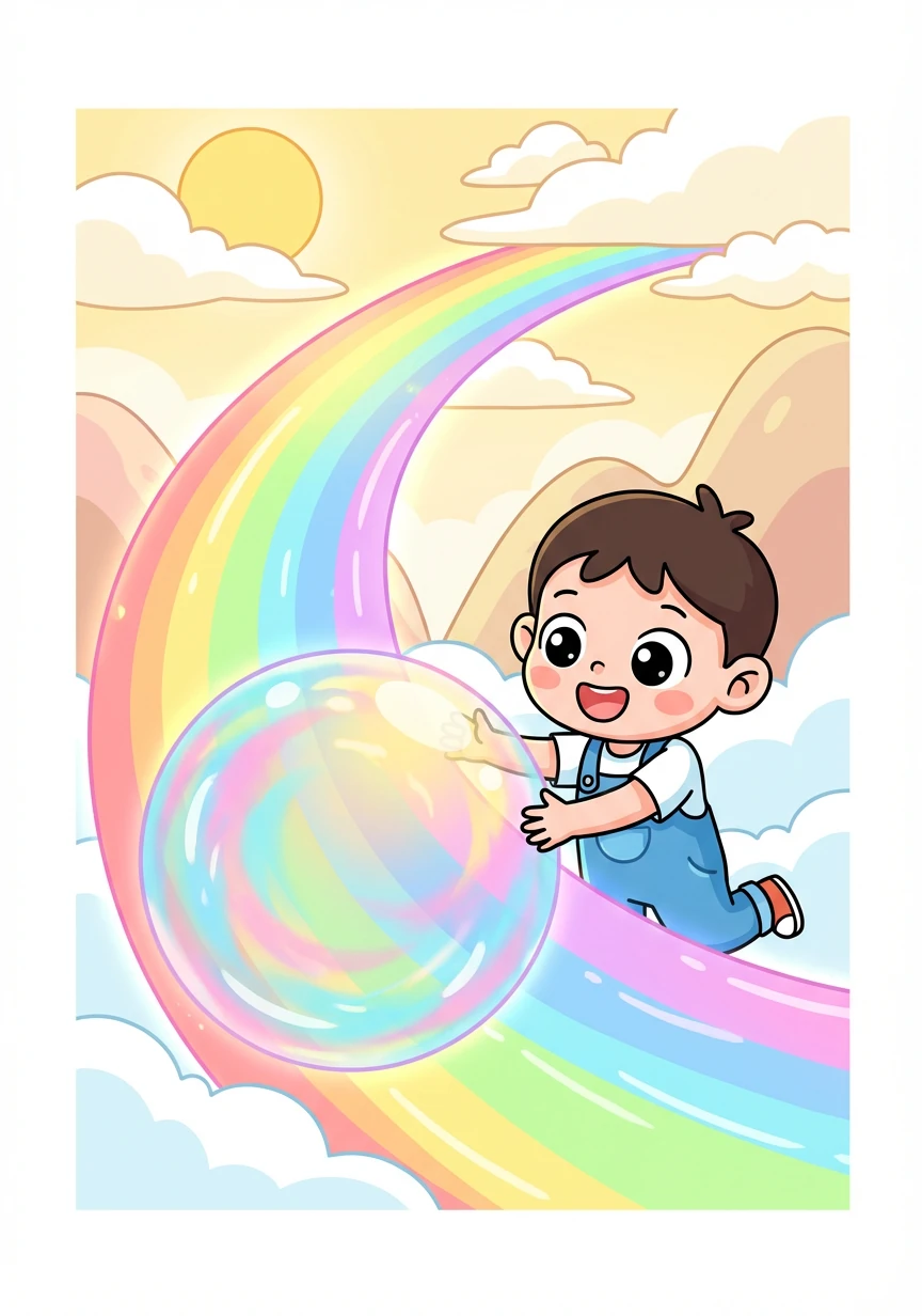 彩虹桥的尽头,是一个巨大的泡泡。泡泡五彩缤纷,在阳光下闪耀着光芒。
