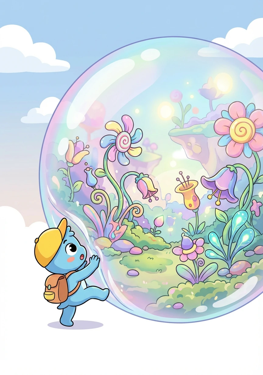 小奇奇轻轻地推开泡泡,走了进去。泡泡里面是一个神奇的花园,到处都是奇形怪状的花朵。