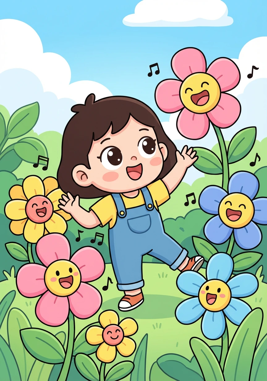 花园里的小花们正在唱歌,它们的歌声清脆悦耳。小奇奇也跟着小花们一起唱歌跳舞。