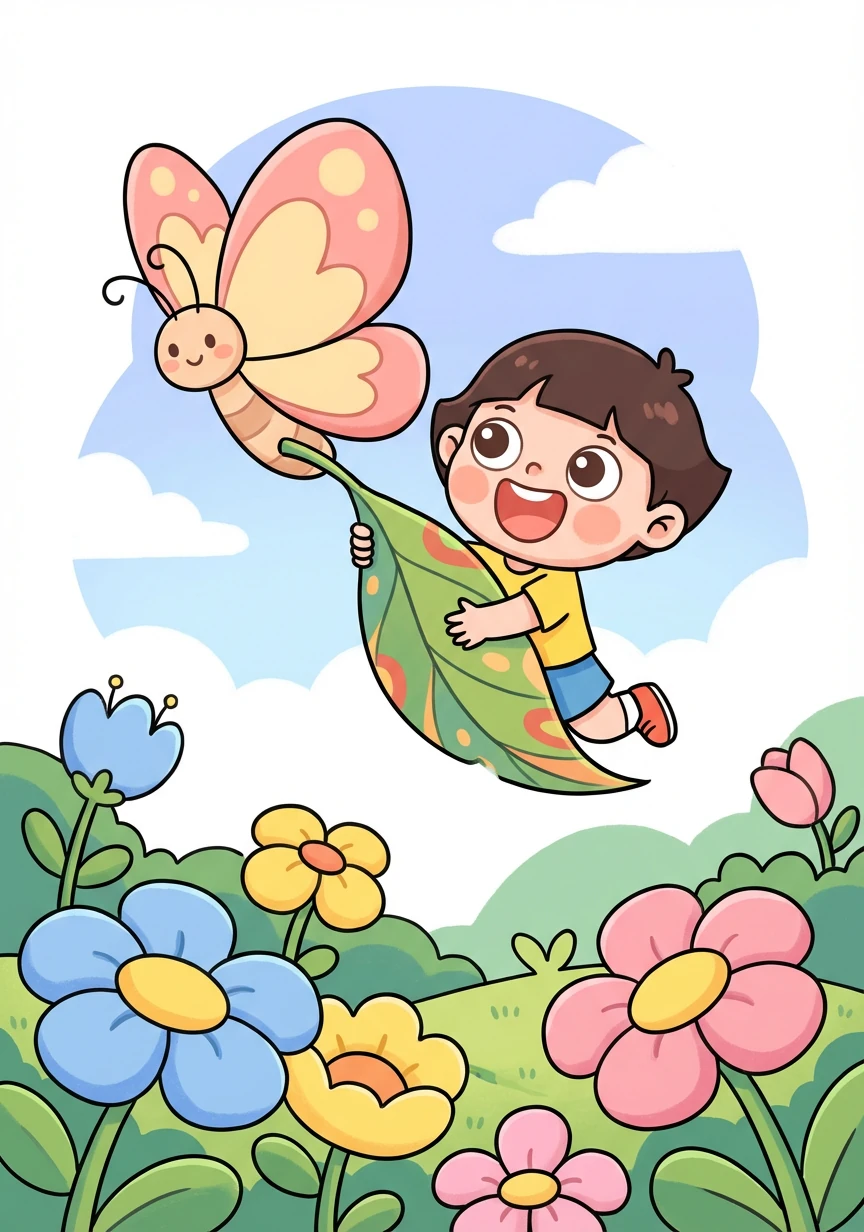 一只友善的小蝴蝶飞到小奇奇的身边。小蝴蝶带着小奇奇在花园里飞翔,欣赏美丽的景色。