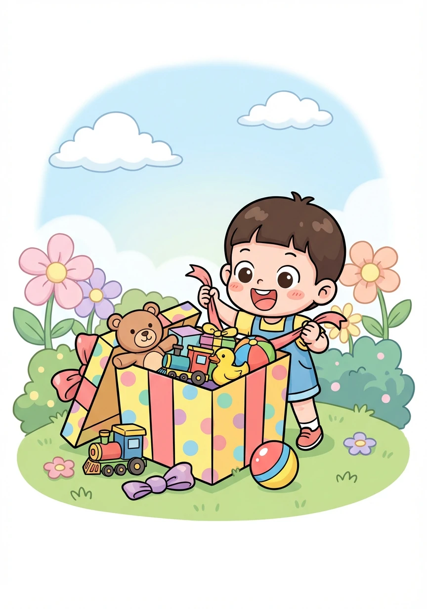 花园里出现了一个巨大的礼物盒。小奇奇打开礼物盒,里面装满了各种各样的玩具。