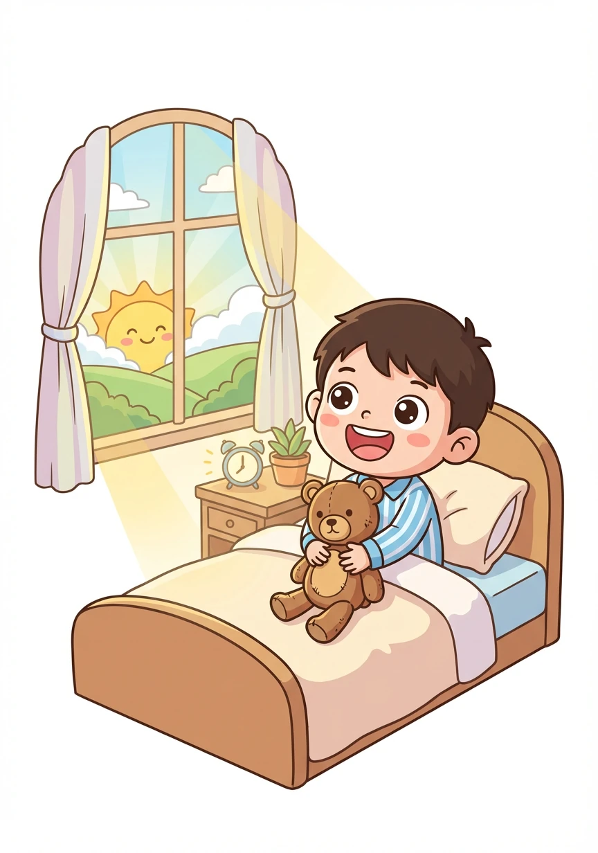 小奇奇抱着玩具,开心地笑了。这时,太阳升起来了,小奇奇醒了,他知道这一定是一个美好的梦。