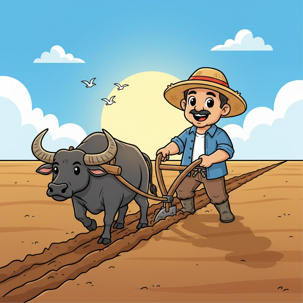 Si Mang Pilo, na may malaking sumbrero at malapad na ngiti, ay masiglang nag-aararo sa kanyang malawak na bukid. Ang araw ay sumisikat sa likuran niya, at ang kanyang araro ay lumilikha ng perpektong hanay sa lupa. Makikita ang mga ibon na lumilipad sa kalangitan at ang kanyang kalabaw na matulungin.