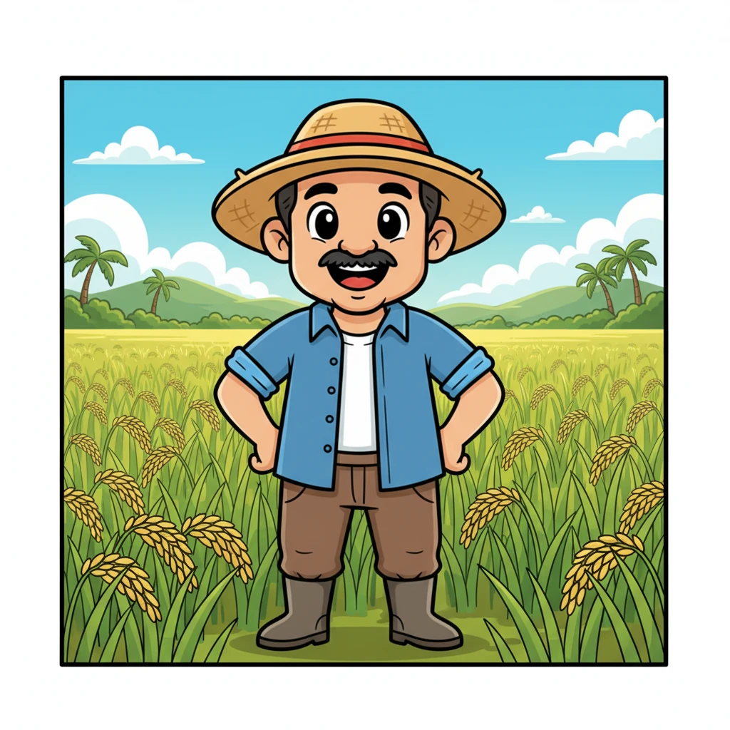 Masayang tinitingnan ni Mang Pilo ang luntiang palayan na malusog na lumalaki. Ang bawat tangkay ng palay ay yumuyuko sa hangin, at ang kanyang mukha ay puno ng pagmamalaki. Ang bukid ay isang kumikinang na karpet ng buhay, na nagpapakita ng kanyang pag-aalaga.