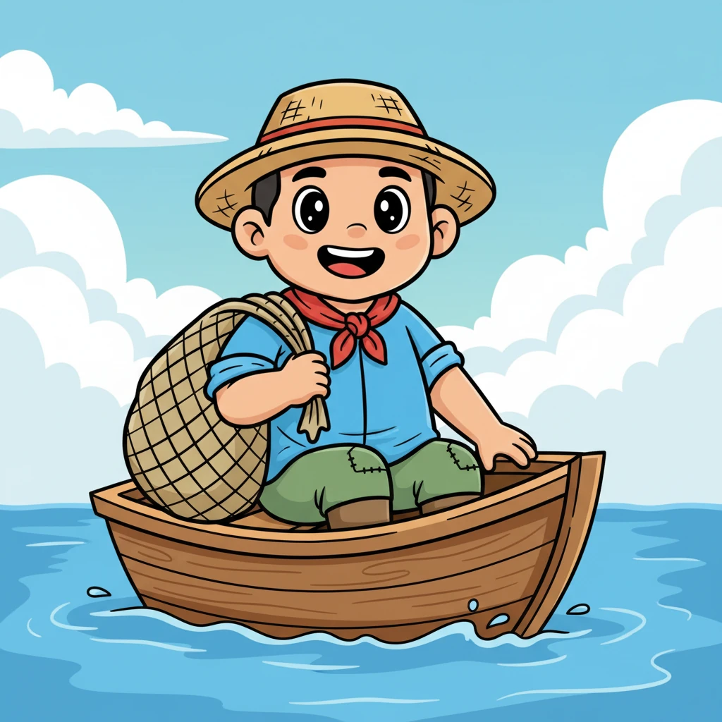 Si Mang Kulas, matangkad at malakas, ay sumasakay sa kanyang maliit na bangka, bitbit ang kanyang lambat. Ang dagat ay kalmado at bughaw, at ang mga ulap ay lumulutang sa itaas. May ngiti siya sa kanyang labi, handang harapin ang araw.