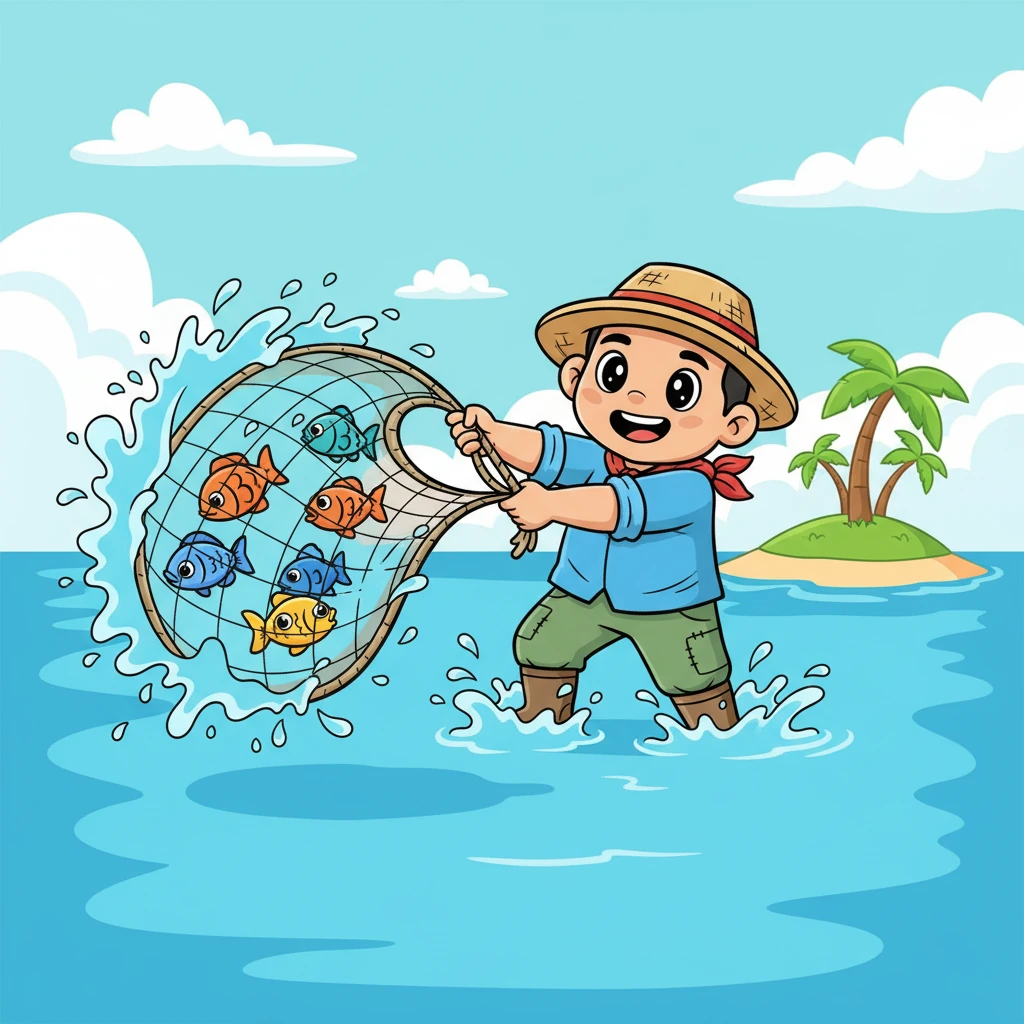 Ibinabato ni Mang Kulas ang kanyang malaking lambat sa dagat, na lumilikha ng malaking splash. Makikita ang mga lumulundag na isda na nahuhuli sa kanyang lambat. Ang kanyang mukha ay nagpapahayag ng pag-asa at kasiglahan habang hinihila niya ito.