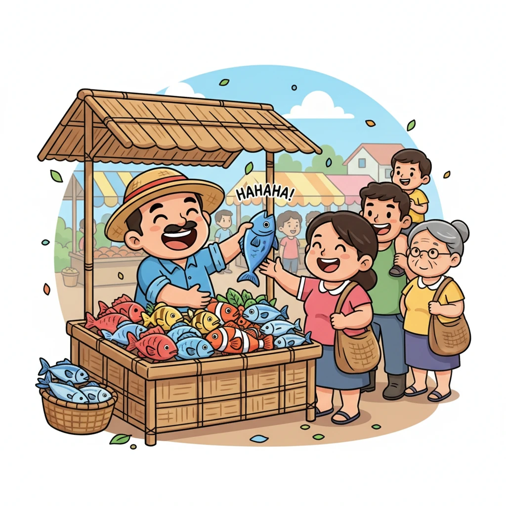 Si Mang Kulas ay nasa abalang palengke, masayang nagbebenta ng kanyang sariwang huli. Ang kanyang mesa ay puno ng makukulay na isda, at ang mga tao ay nakapila upang bumili. Ang kanyang tawa ay naririnig habang nagbibigay siya ng isda sa mga mamimili.