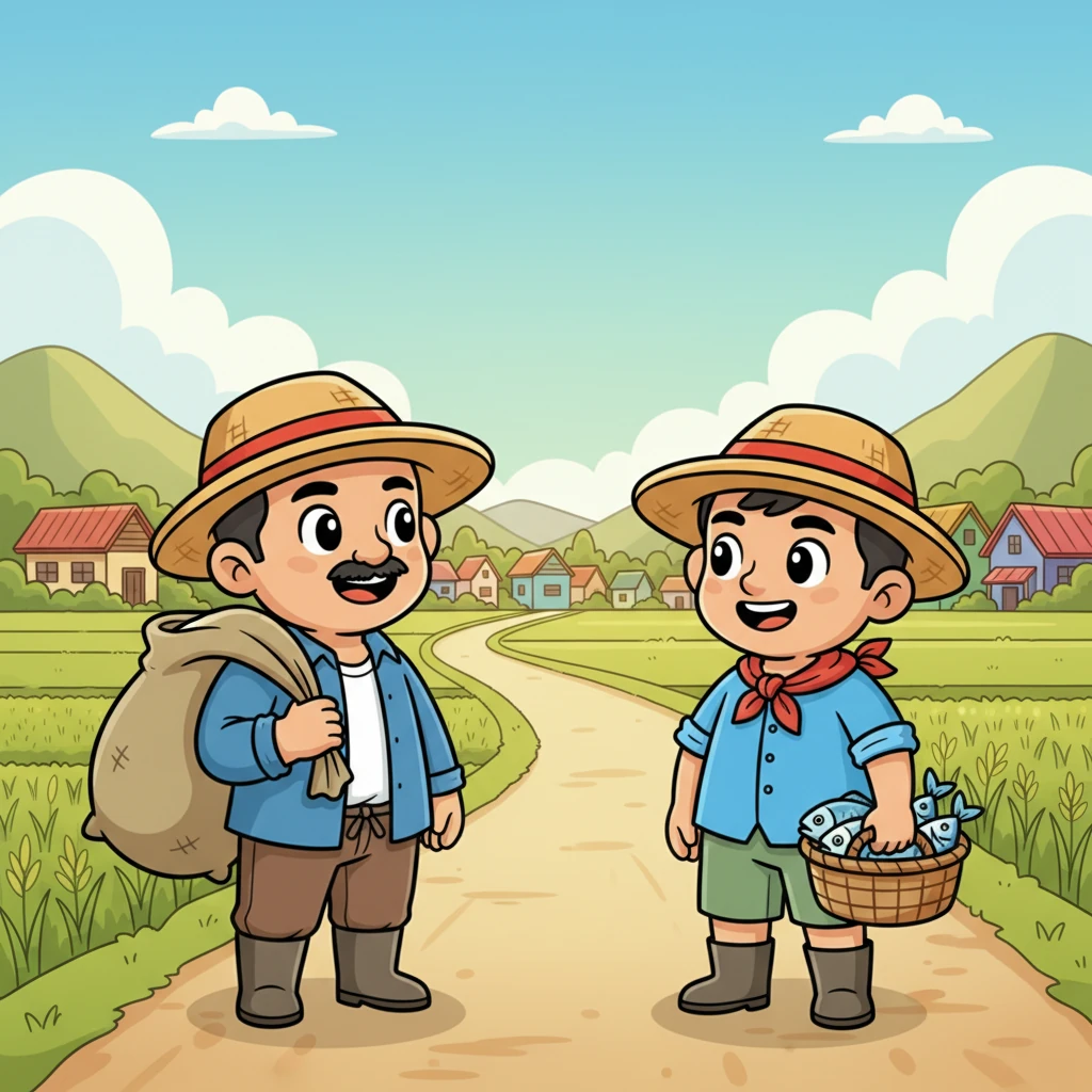 Isang maaraw na hapon, nagkita si Mang Pilo at Mang Kulas sa isang kurbadong daan sa pagitan ng bukid at ng bayan. Si Mang Pilo ay may bitbit na sako ng bigas, habang si Mang Kulas ay may isang basket ng sariwang isda. Ang kanilang mga mata ay nagtagpo, at nagpalitan sila ng mainit na ngiti.