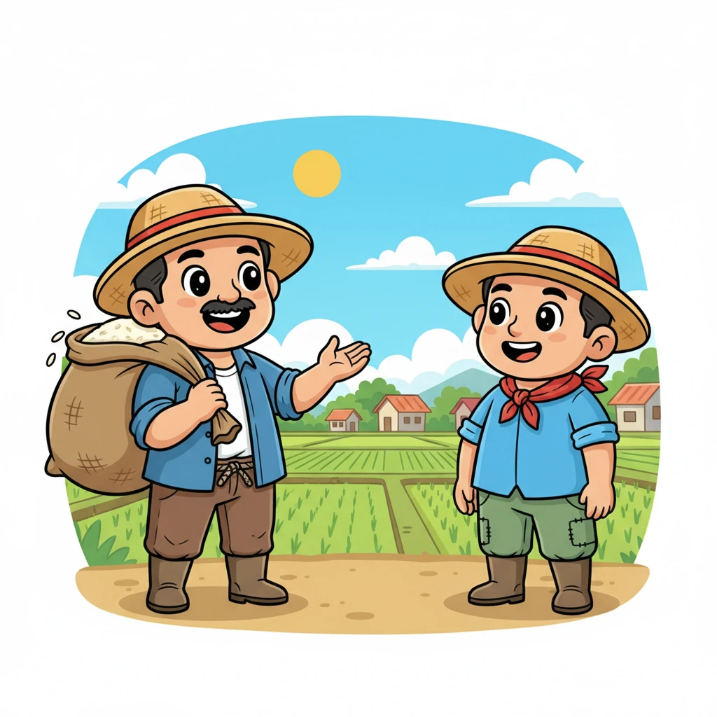 "Kumpare, dalhan kita ng bigas mula sa aking bukid!" sabi ni Mang Pilo, itinataas ang kanyang sako ng bigas. Ang kanyang ngiti ay malawak at tunay, na nagpapakita ng kanyang pagkabukas-palad.