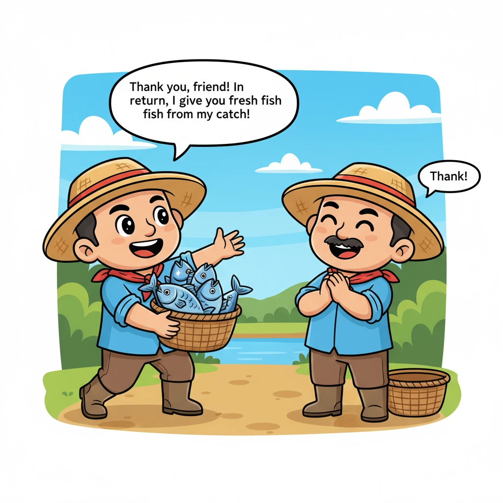 "Salamat, kumpare! Kapalit, bibigyan kita ng sariwang isda mula sa aking huli!" sagot ni Mang Kulas, ipinapakita ang kanyang basket na puno ng makikinang na isda. Ang kanyang tinig ay puno ng pasasalamat at kagalakan.