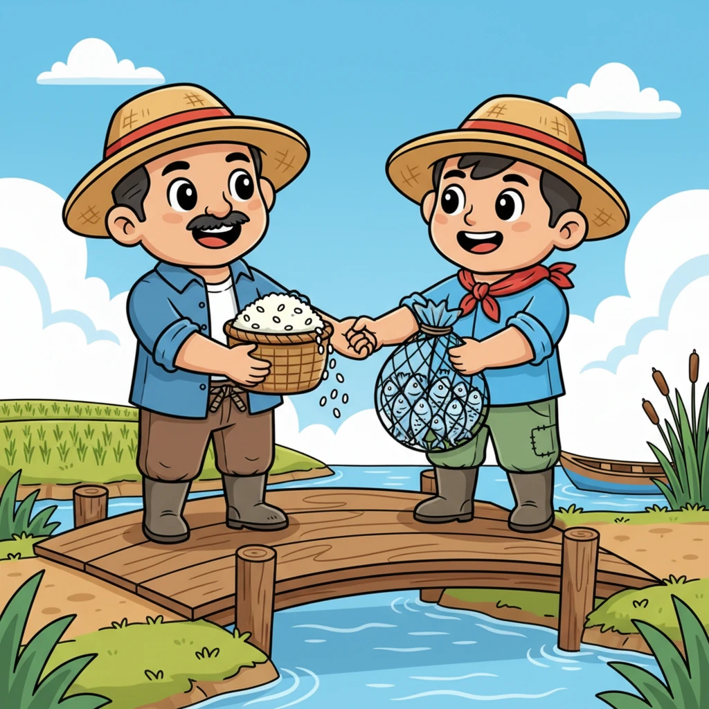 Masaya silang nagpalitan ng kanilang mga biyaya, ang bigas para sa isda, at ang isda para sa bigas. Ang kanilang mga mukha ay nagliliwanag sa kasiyahan at pagtutulungan. Ang kanilang mga kamay ay nagtagpo sandali, na nagpapakita ng kanilang malalim na pagkakaibigan.