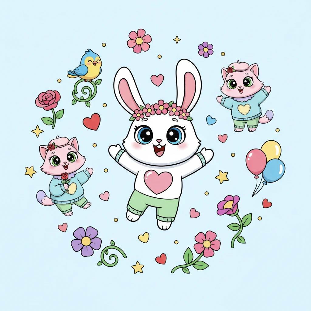 Luvie the Heart Bunny, with her big, sparkly eyes and a joyful hop, stands in the center of a whimsical Love Garden. Romantic Cat, Flower-loving Bear, and Happy Bird float nearby amidst a swirl of pastel hearts, twinkling stars, colorful balloons, and fantastical flowers, all fully colored in soft pinks, reds, blues, yellows, and greens with bold, clean outlines, inviting young adventurers to dive into a world of love and fun.
