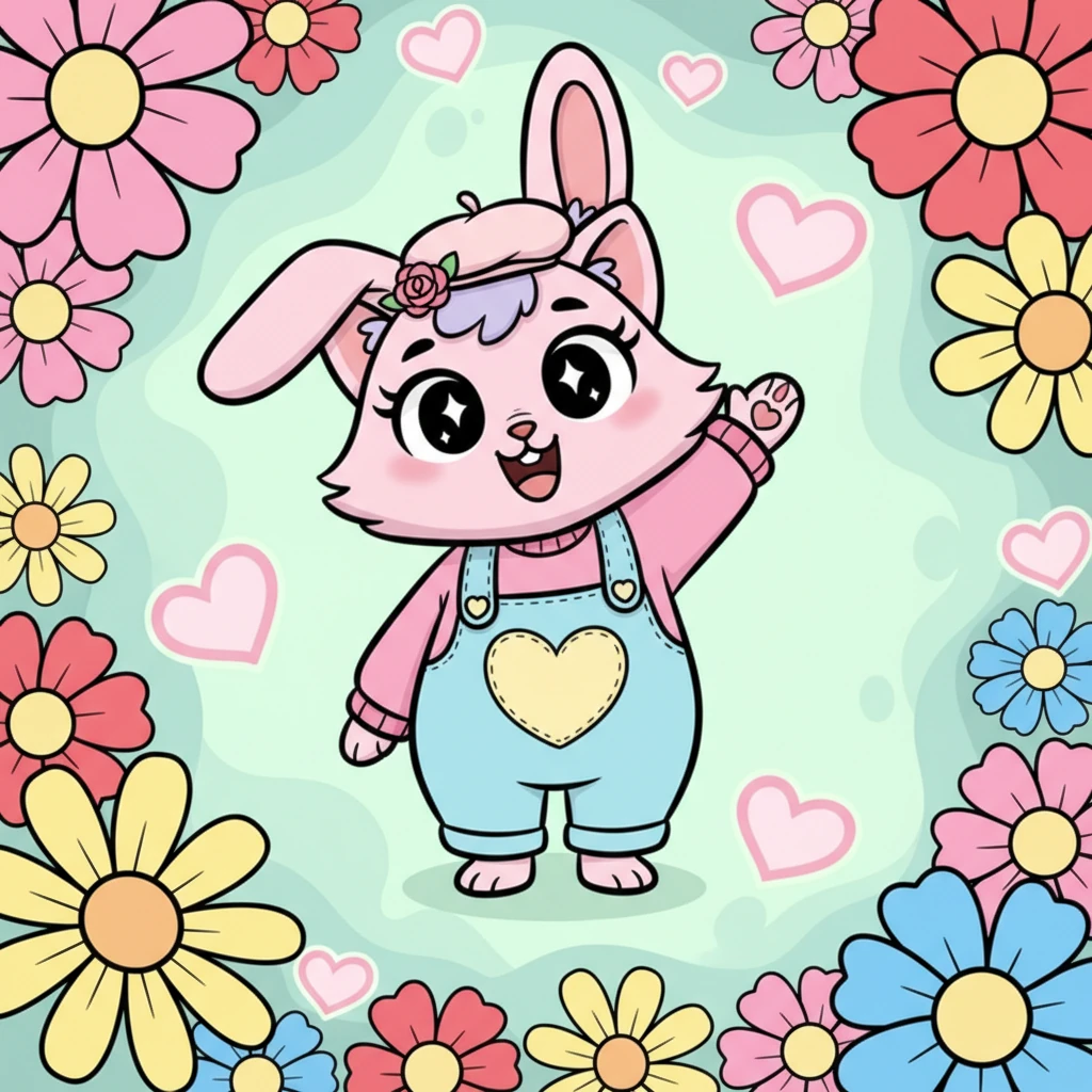 Luvie, wearing a cute, heart-patterned outfit and a big, excited smile, waves cheerily from a page framed by blooming flowers and swirling hearts. "Hello! I’m Luvie, let’s explore the Love Garden!" she exclaims, her ears perked up in anticipation. A small, hidden heart peeks out from behind a flower, waiting to be discovered as children color Luvie in her adorable attire.