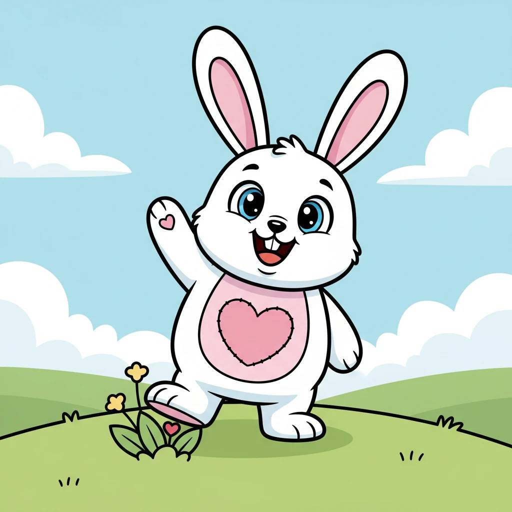 Luvie the Heart Bunny stands playfully, one paw raised in a cheerful greeting, her big, expressive eyes sparkling with warmth. Her rounded body and floppy ears are outlined clearly, ready for a splash of color. A tiny, hidden heart is nestled subtly within a leaf near her foot, adding a fun challenge for young artists.