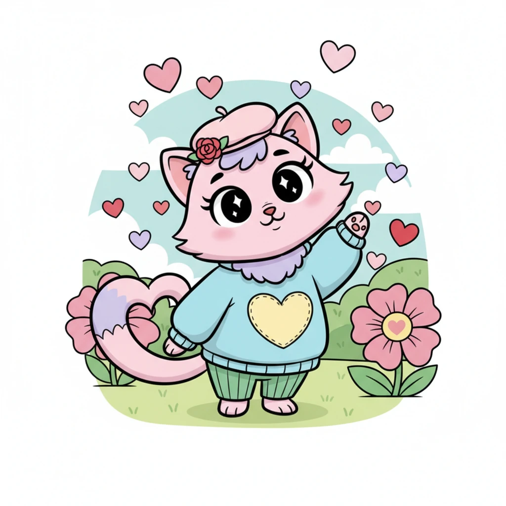 Romantic Cat, with elegant, flowing lines and a sweet, dreamy expression, poses gracefully amidst a shower of floating hearts. Its tail curls into a perfect heart shape, and its large, gentle eyes invite children to color its soft fur. A small, hidden heart is cleverly integrated into the pattern of a nearby flower.