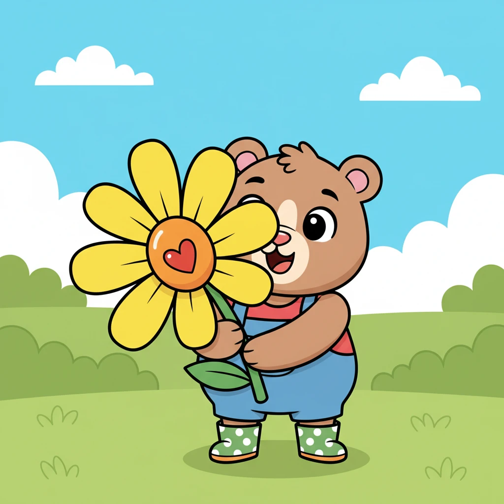 Flower-loving Bear, a roly-poly friend with a happy, surprised expression, holds a gigantic, cheerful flower almost as big as itself. Its soft, rounded paws and smiling face are outlined boldly, perfect for coloring. A tiny, hidden heart is playfully hidden in the petals of the flower the bear holds.