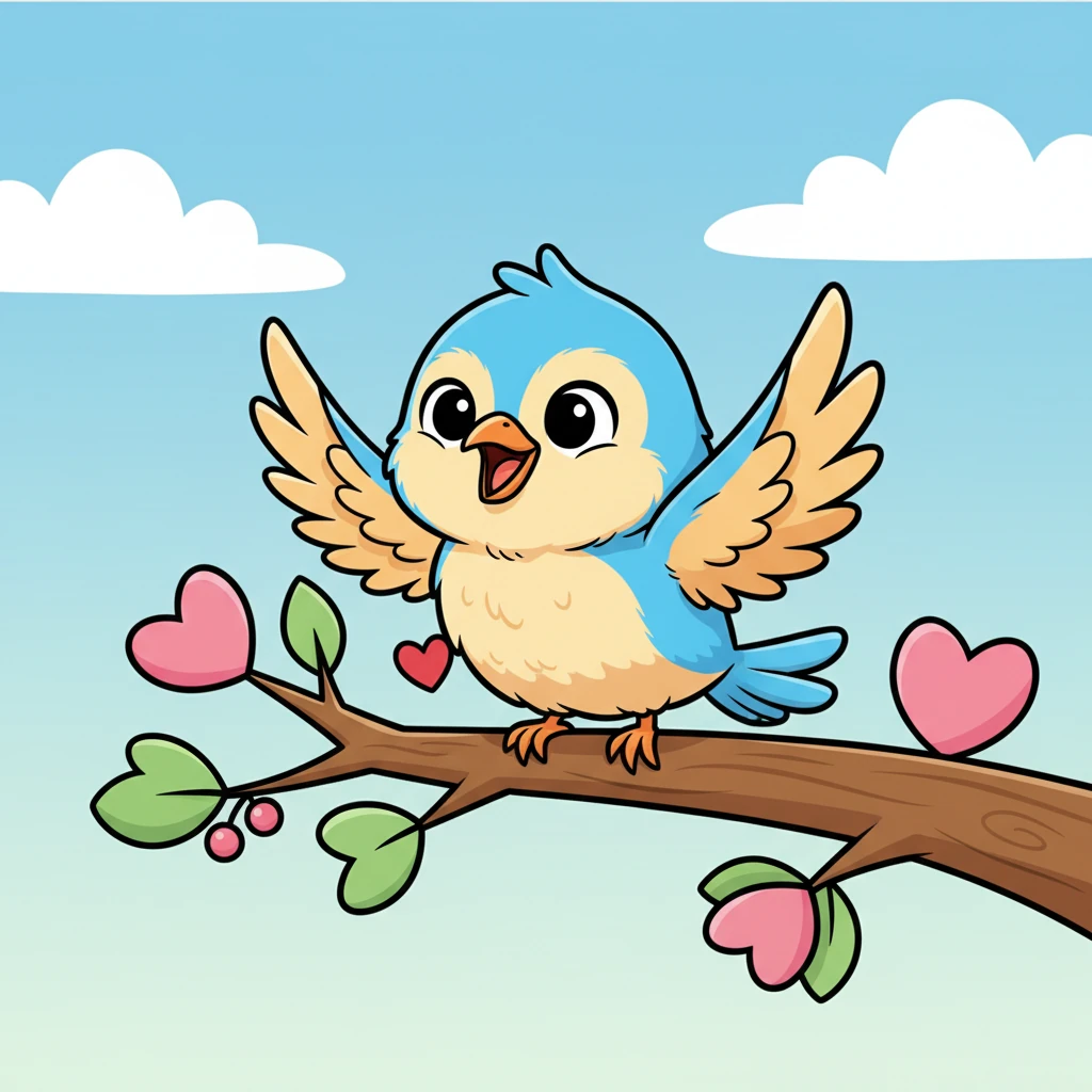 Happy Bird, with its wings spread wide in a silly, joyful flutter, chirps a happy tune from a branch adorned with heart-shaped leaves. Its big, round eyes twinkle with mischief, and its simplified, bouncy form is outlined for easy coloring. A small, hidden heart is tucked just beneath the bird's wing.