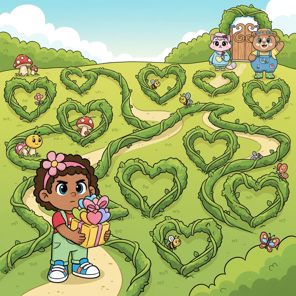 Luvie looks determined, holding a stack of heart-shaped messages, ready to deliver them to her friends. A winding maze, made of twisty vines and heart-shaped bushes, fills the page, challenging children to draw a path from Luvie to her friends at the other end. The maze is outlined clearly, with playful garden elements as obstacles.