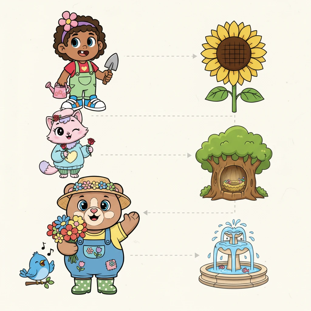 On one side of the page, Luvie, Romantic Cat, Flower-loving Bear, and Happy Bird are shown with their unique, expressive poses. On the other side, their favorite garden spots – a towering sunflower, a cozy tree hollow, a sparkling fountain – are depicted. Children draw lines to match each friend to their perfect happy place, with clear outlines for all elements.