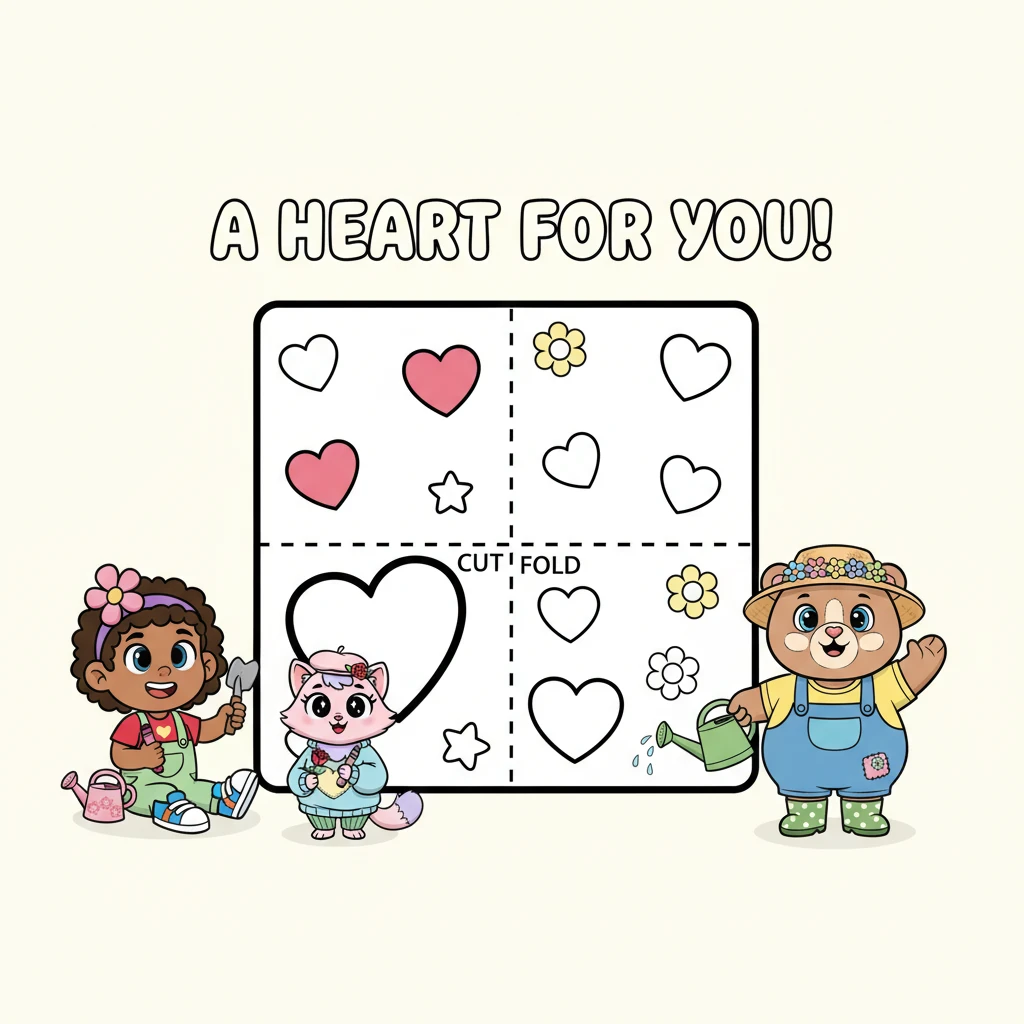 A cheerful template for a foldable Valentine's card is presented, featuring bold outlines of hearts and simple decorative shapes. The message "A Heart for You!" is written in playful letters, waiting to be colored in. Clear dotted lines indicate where to cut and fold, encouraging creativity and sharing love.