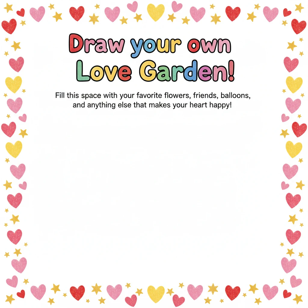 A spacious, blank page with a playful border of hearts and stars invites children to unleash their imagination. The prompt "Draw your own Love Garden!" floats at the top, encouraging them to fill the space with their favorite flowers, friends, balloons, and anything else that makes their heart happy. The page is a canvas for pure creative joy.
