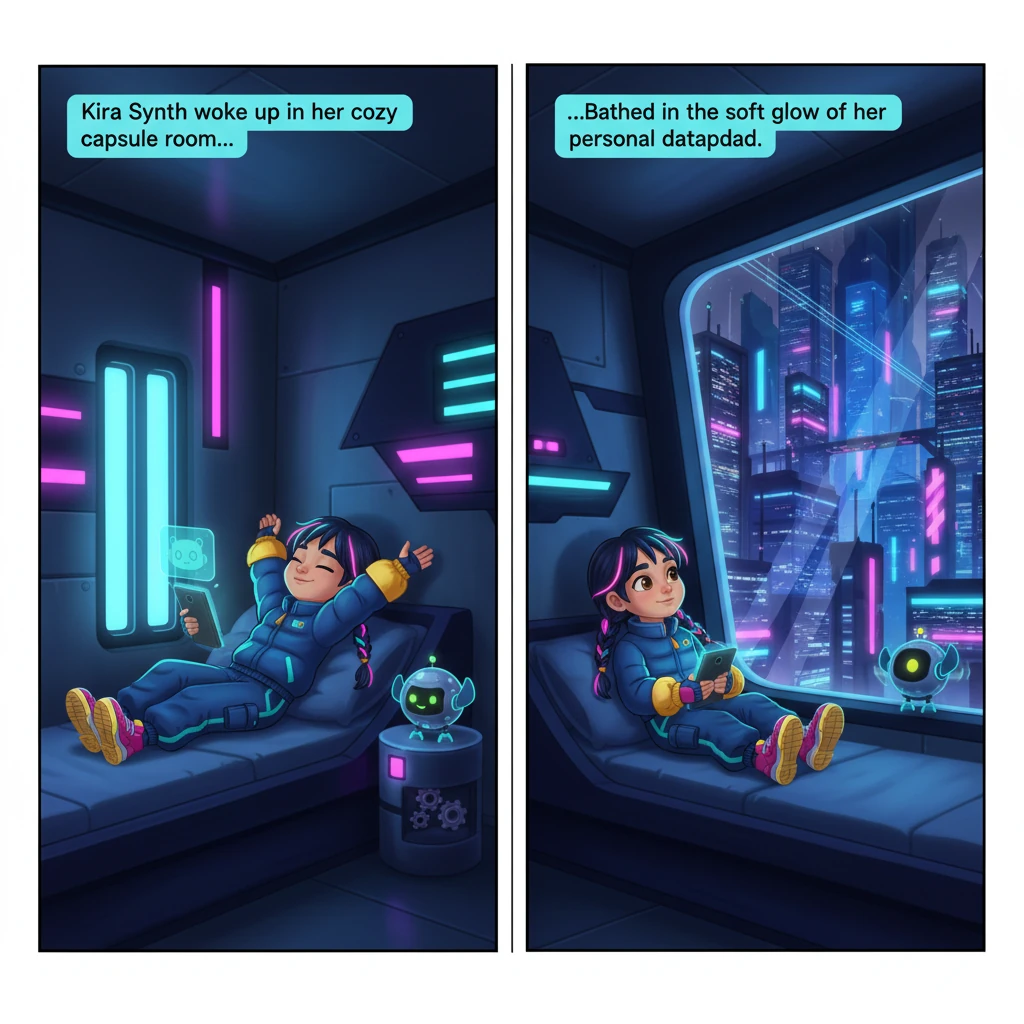 Kira Synth woke up in her cozy capsule room, bathed in the soft glow of her personal datapad. Neon blue and purple light from the city outside filtered through her window, painting sleek shadows on the metallic walls. She stretched, her small robot companion, Bolt, whirring softly on her bedside table.