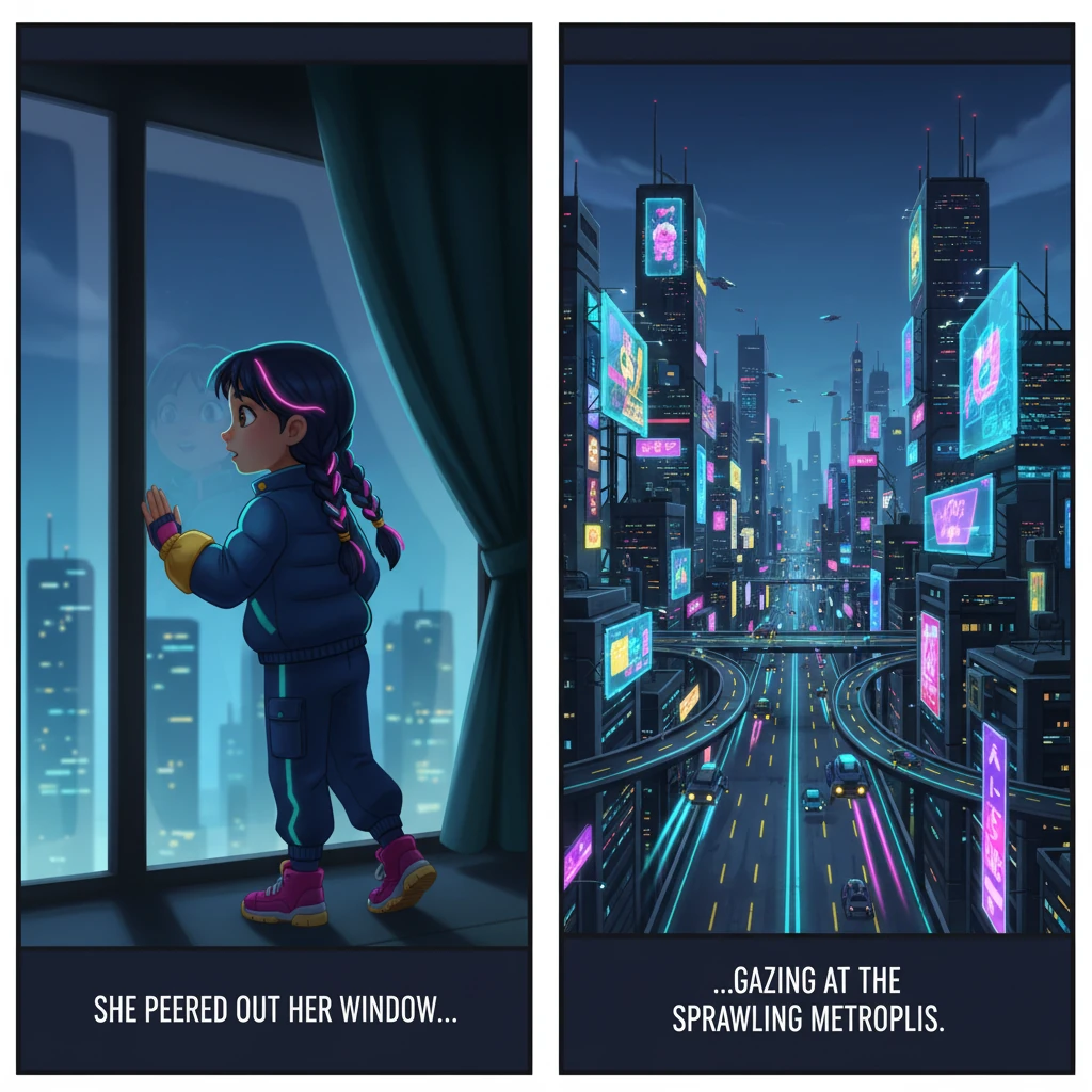 She peered out her window, gazing at the sprawling metropolis of Neo-Kyoto. Towering skyscrapers, adorned with holographic advertisements, pierced the perpetually twilight sky. Flying vehicles zipped along aerial highways, leaving trails of electric green and pink light.