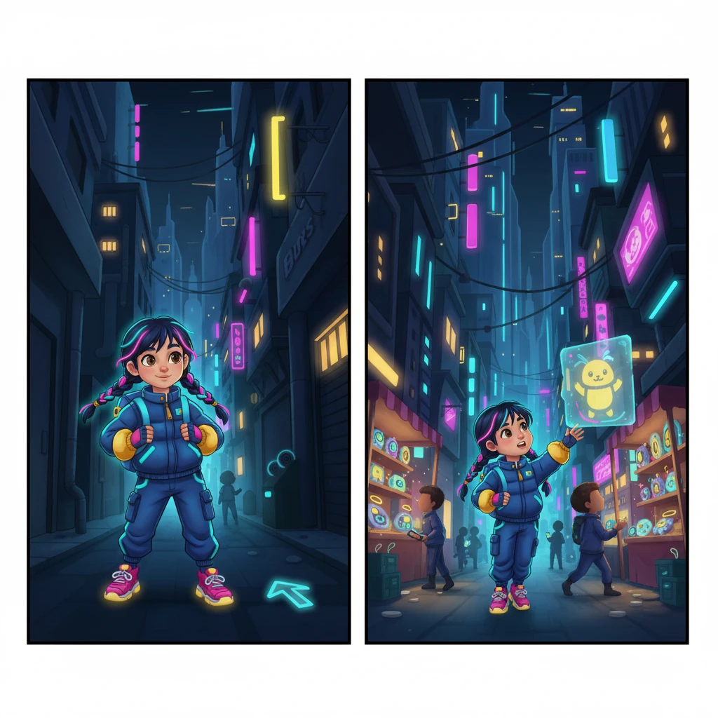 Today, Kira felt a spark of adventure in her heart. She decided to explore the bustling lower districts, a maze of glowing market stalls and hidden alleys she hadn't seen before. With her trusty backpack, she set off into the vibrant urban labyrinth.