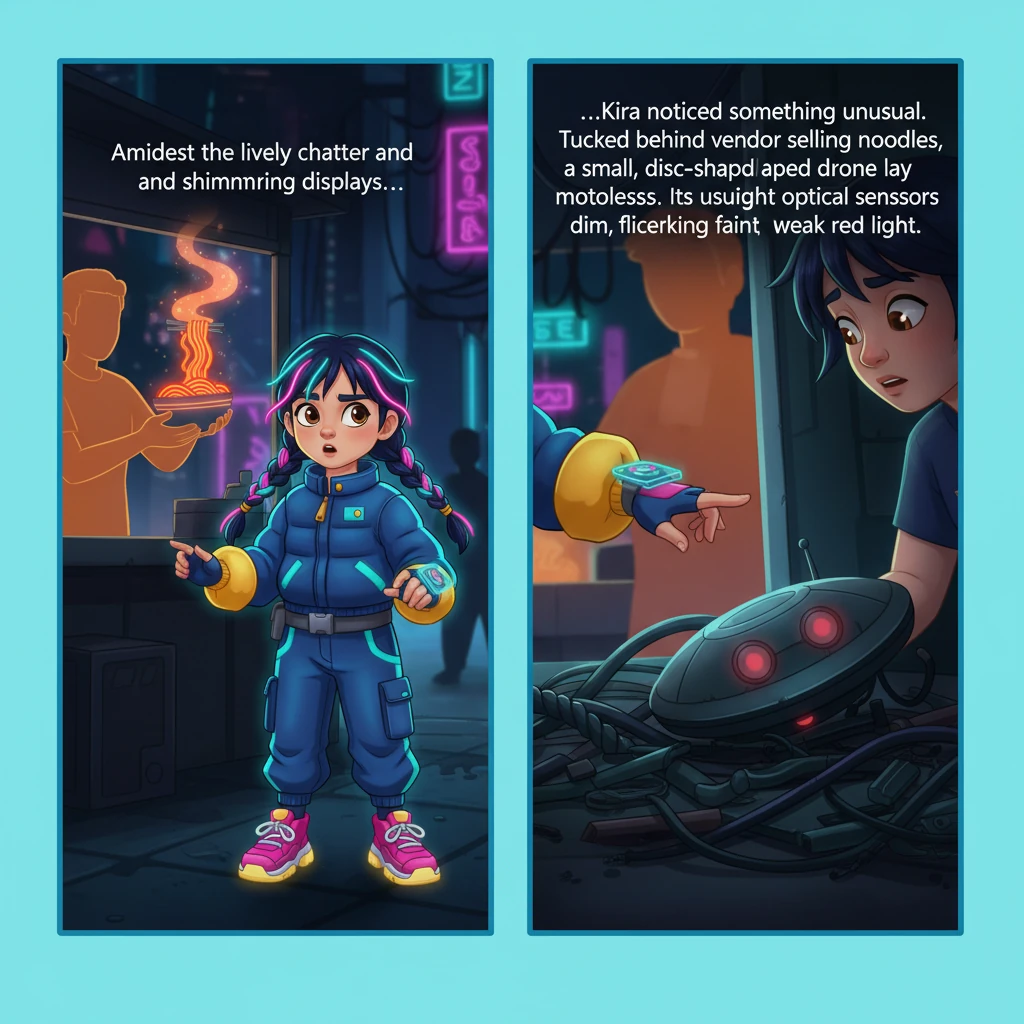Amidst the lively chatter and shimmering displays, Kira noticed something unusual. Tucked behind a vendor selling glowing noodles, a small, disc-shaped drone lay motionless. Its usually bright optical sensors were dim, flickering faintly with a weak red light.