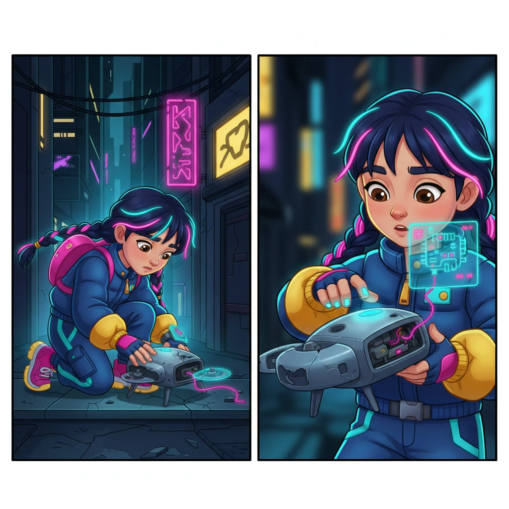 Kira's heart went out to the little drone. She knelt down, her fingers tracing its smooth, metallic casing. She carefully examined its circuits and wires, noticing a crucial power conduit had come loose from its port.