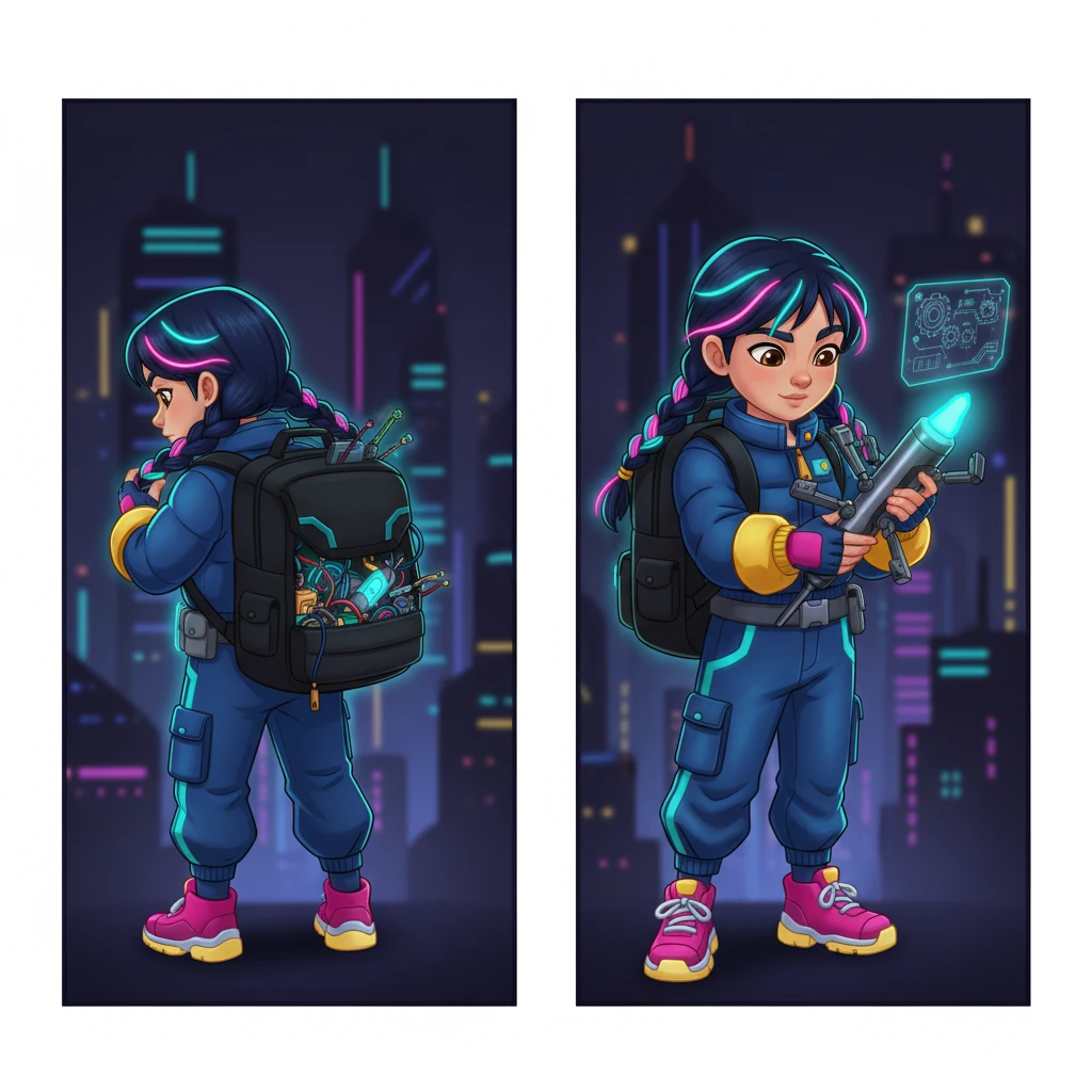 Remembering her inventor parent's advice, Kira reached into her backpack. She pulled out a compact, multi-purpose tech-tool, a gift perfect for intricate repairs. Its tiny, glowing tip pulsed softly, ready for the task.
