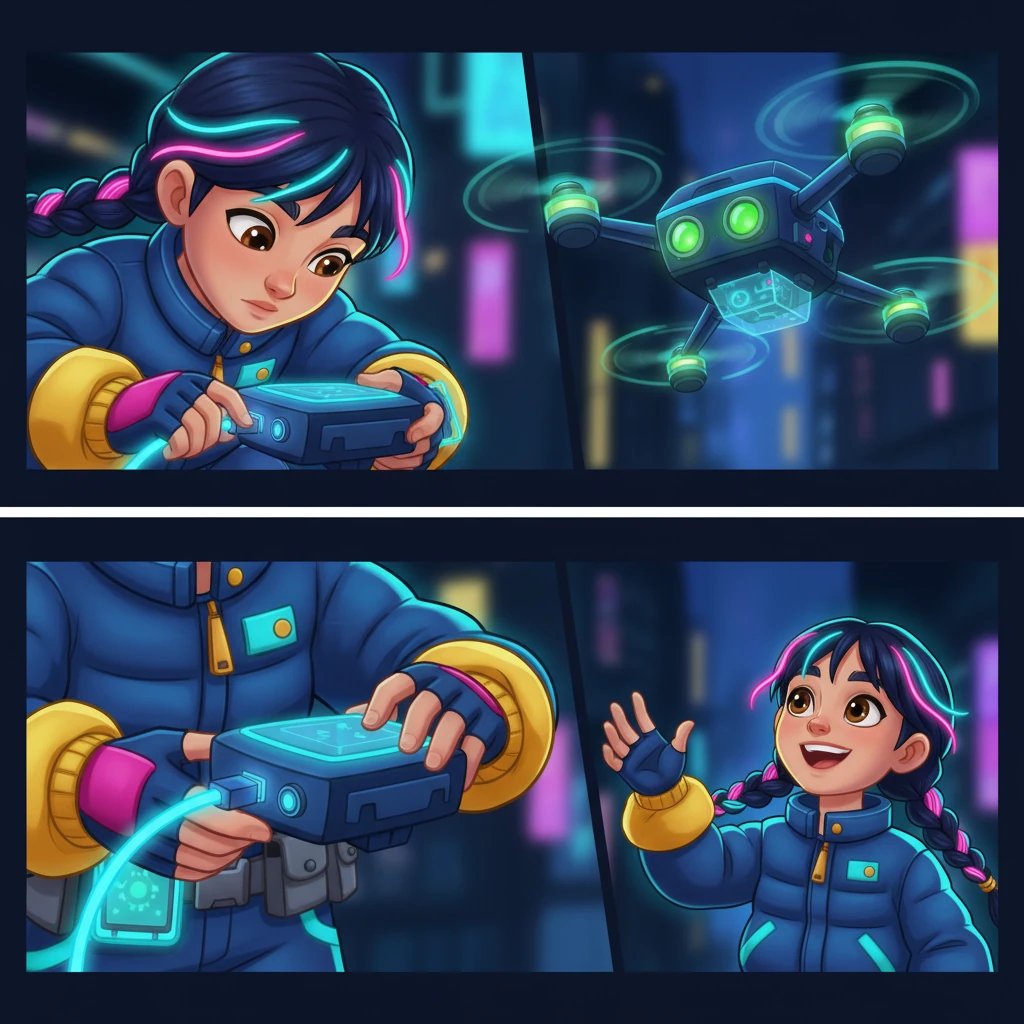 With a gentle click, Kira reattached the loose conduit. A surge of electric blue light pulsed through the drone's system, and its optical sensors flared to life, glowing a cheerful, vibrant green. The drone whirred happily, its propellers spinning with renewed energy.