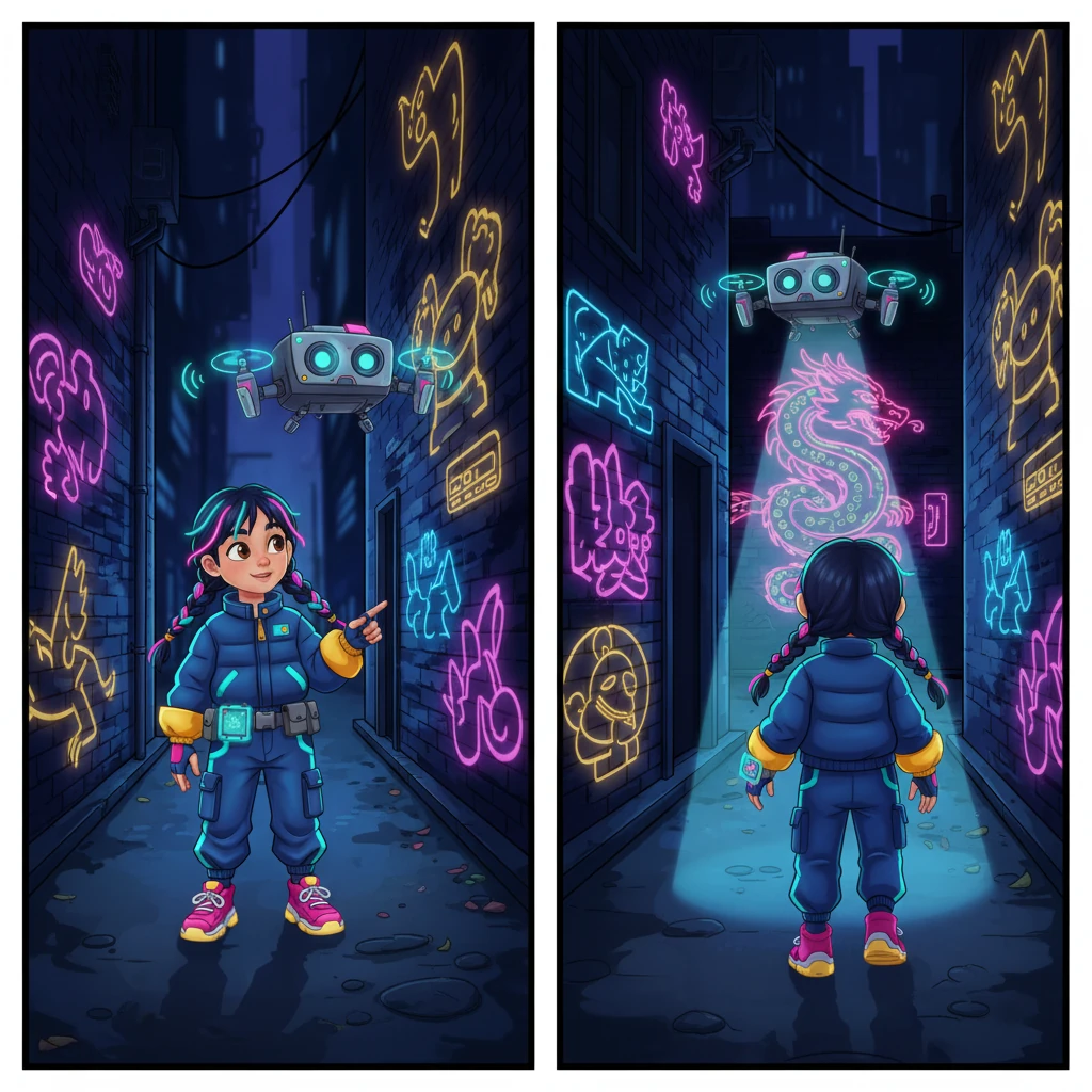 The newly revived drone, which Kira affectionately named Sparky, hovered excitedly. It chirped a series of grateful beeps and then gestured for Kira to follow. Sparky led her through a narrow, graffiti-covered alley, its path illuminated by hidden neon art.