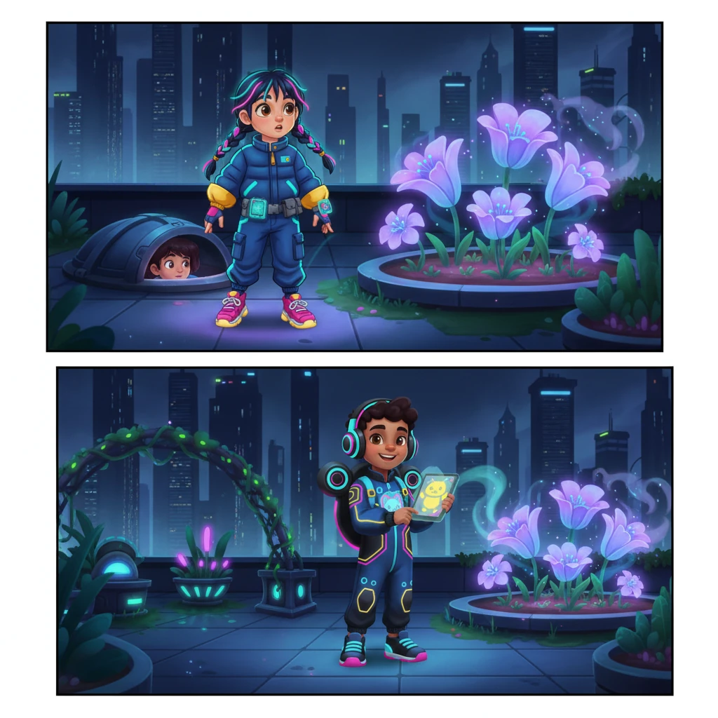 They emerged onto a secret rooftop, a breathtaking oasis hidden amidst the urban sprawl. Bioluminescent plants glowed in a spectrum of soft purples and blues, creating a magical garden. Rare, glowing flowers unfurled their petals, filling the air with a sweet, synthetic fragrance.