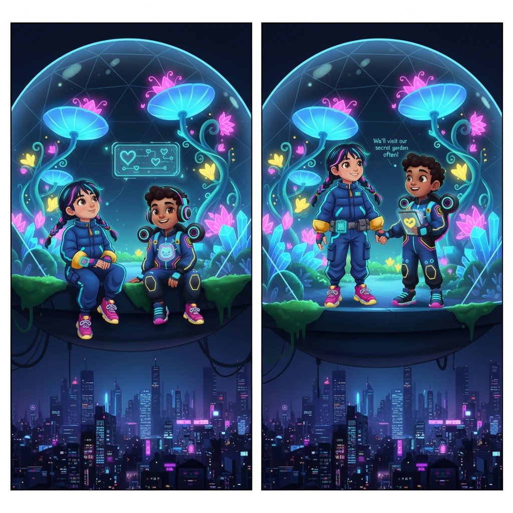 Kira and Sparky sat together, marveling at their beautiful discovery, a peaceful escape from the bustling city below. Kira promised Sparky they would visit their secret neon garden often, a special place for two new friends.