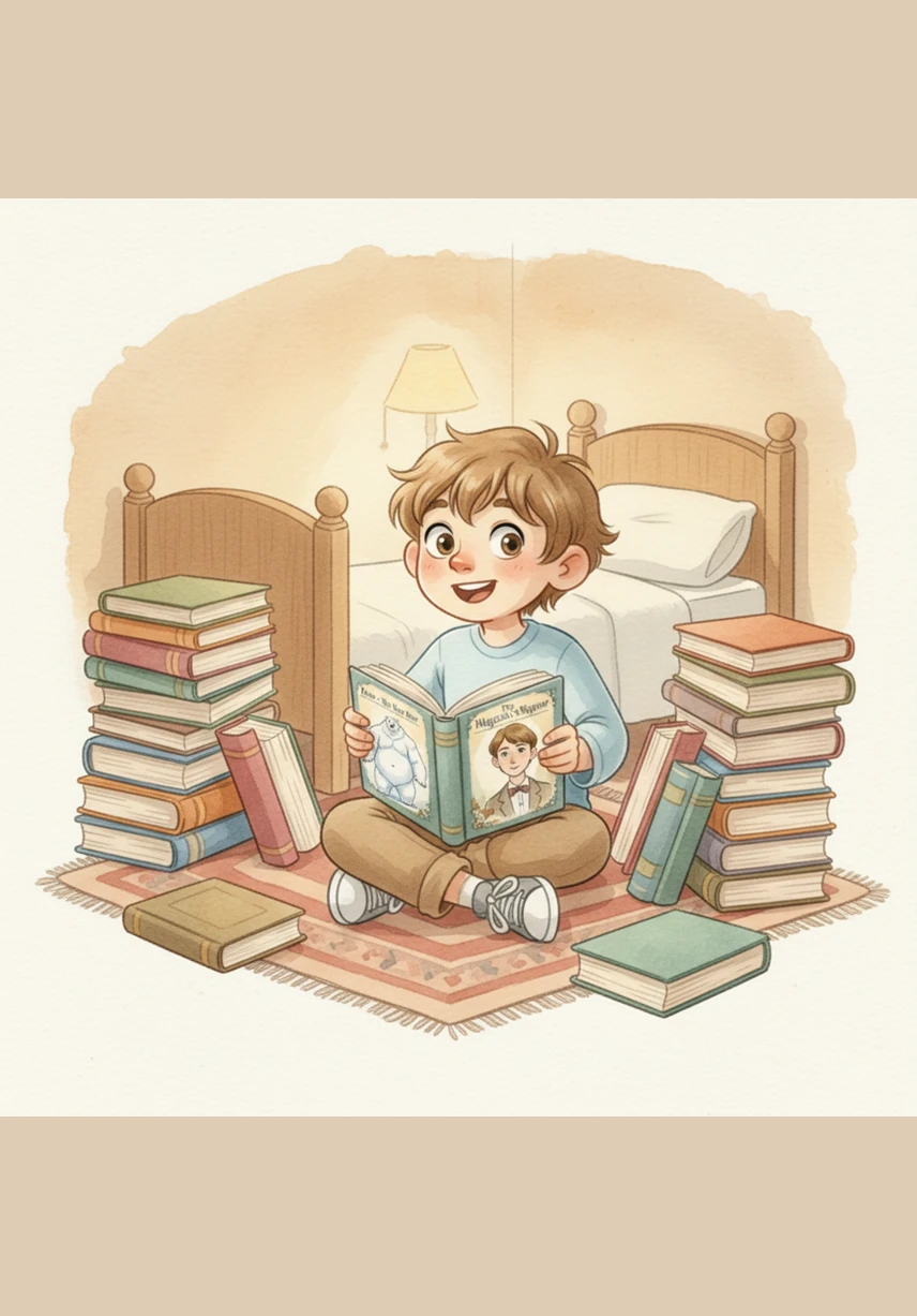 Luca sits in his cozy bedroom surrounded by stacks of books, holding Fram the Polar Bear and The Magician's Nephew in his hands. He excitedly tells us that he is going to compare these two incredible stories that have captured his imagination and taught him so much about the world.