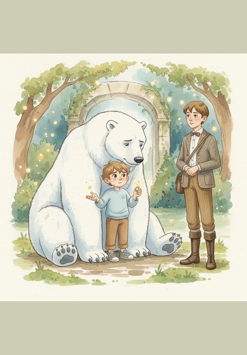 Luca points to a picture of a circus ring and the vast, cold Arctic, explaining the themes of Fram: the sadness of a performer and the deep longing for the wild. He uses keywords like nostalgia and freedom to describe the bear who yearns for his true home on the ice away from the noise.