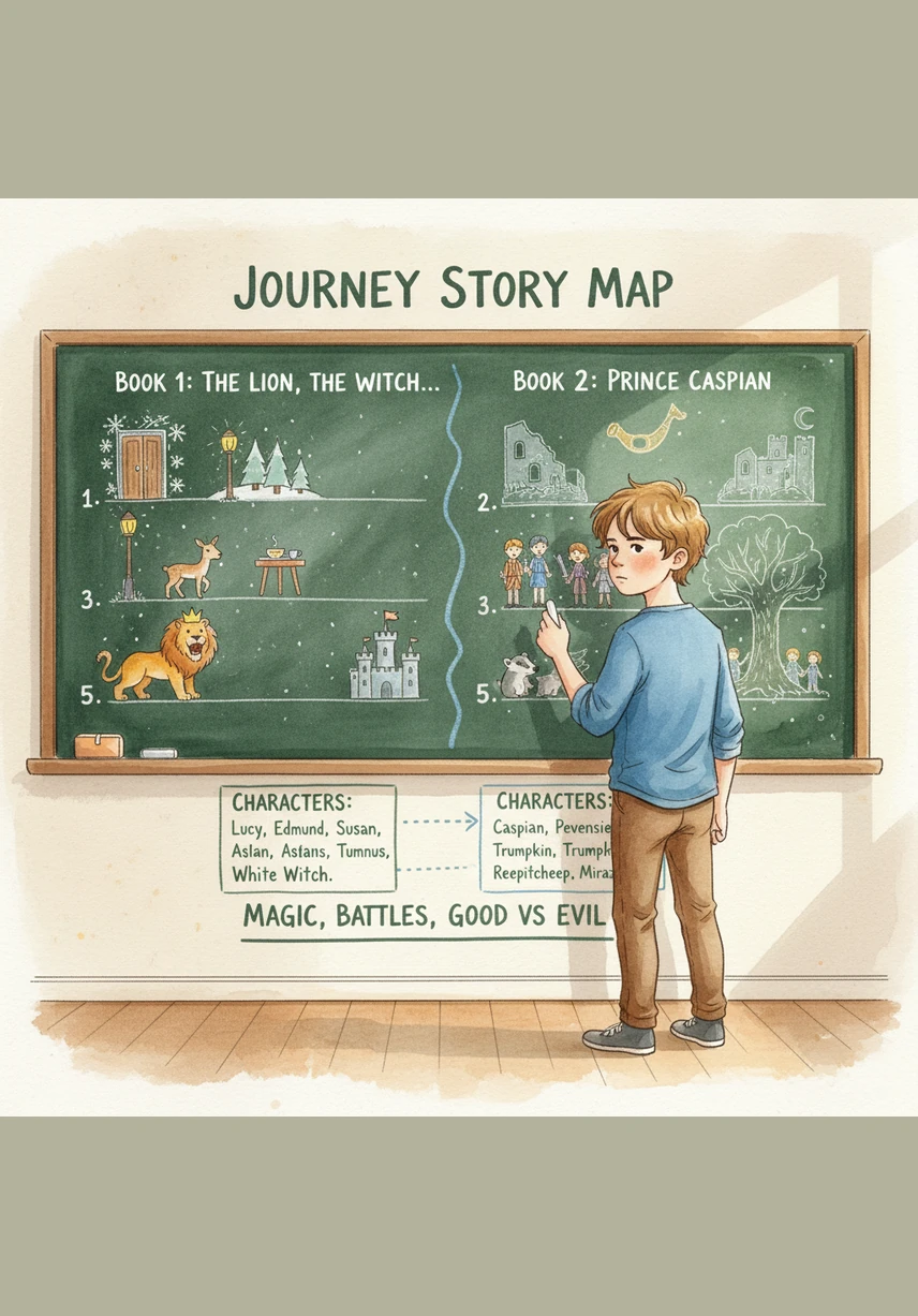 Luca draws a story map on a large chalkboard, comparing the two books in a clear table that shows their different settings and journeys. He maps out Fram’s physical path to the North Pole alongside the children’s magical leaps between different worlds and times.