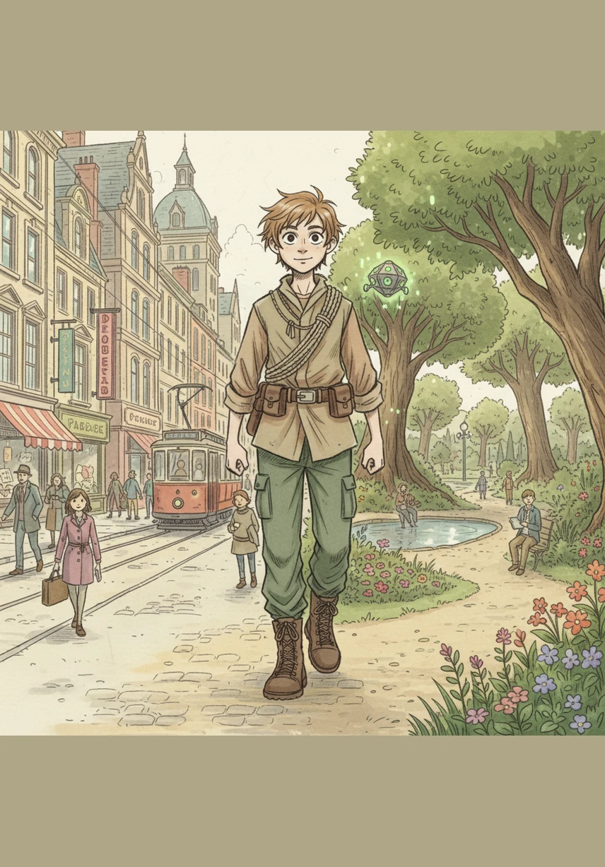 Bili camina por las avenidas observando con curiosidad cómo todos a su alrededor caminan con la cabeza inclinada hacia sus pantallas brillantes. En los parques y plazas, el resplandor de los teléfonos oculta el verde de las hojas, creando una ciudad de personas conectadas a la red pero distantes entre sí.