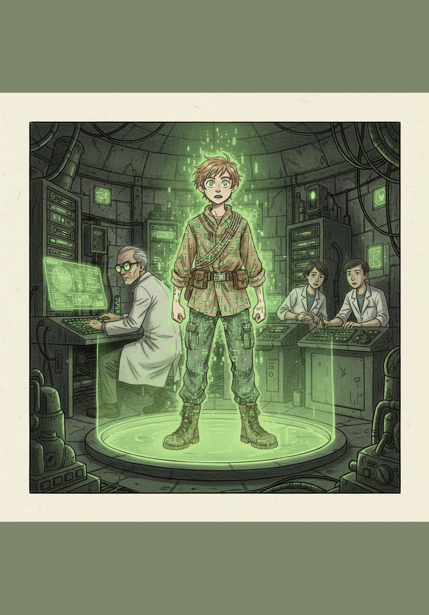 En lo profundo del bosque, oculto bajo raíces gigantescas y musgo, un científico trabaja en un laboratorio secreto intentando crear el código definitivo. De repente, una falla catastrófica provoca una explosión de luz verde y circuitos, transformando al hombre en una entidad de energía pura.