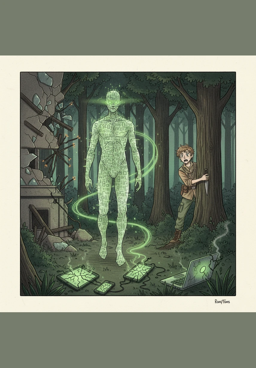 De entre los restos del laboratorio emerge el Hombre Virus, una figura imponente compuesta por símbolos digitales que fluyen como agua por su cuerpo. Al salir al bosque, su simple presencia marchita la tecnología cercana, dejando una estela de grietas luminosas en cada dispositivo que toca.