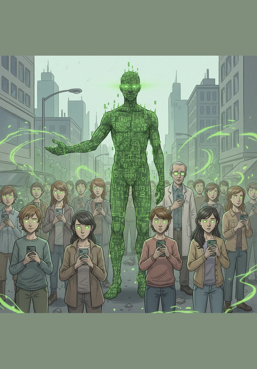 La infección se propaga rápidamente y las personas que miran sus teléfonos infectados comienzan a cambiar, perdiendo su alegría. Sus ojos se vuelven de un verde eléctrico y sus pieles muestran códigos digitales, convirtiéndose poco a poco en un ejército silencioso bajo el mando del Hombre Virus.